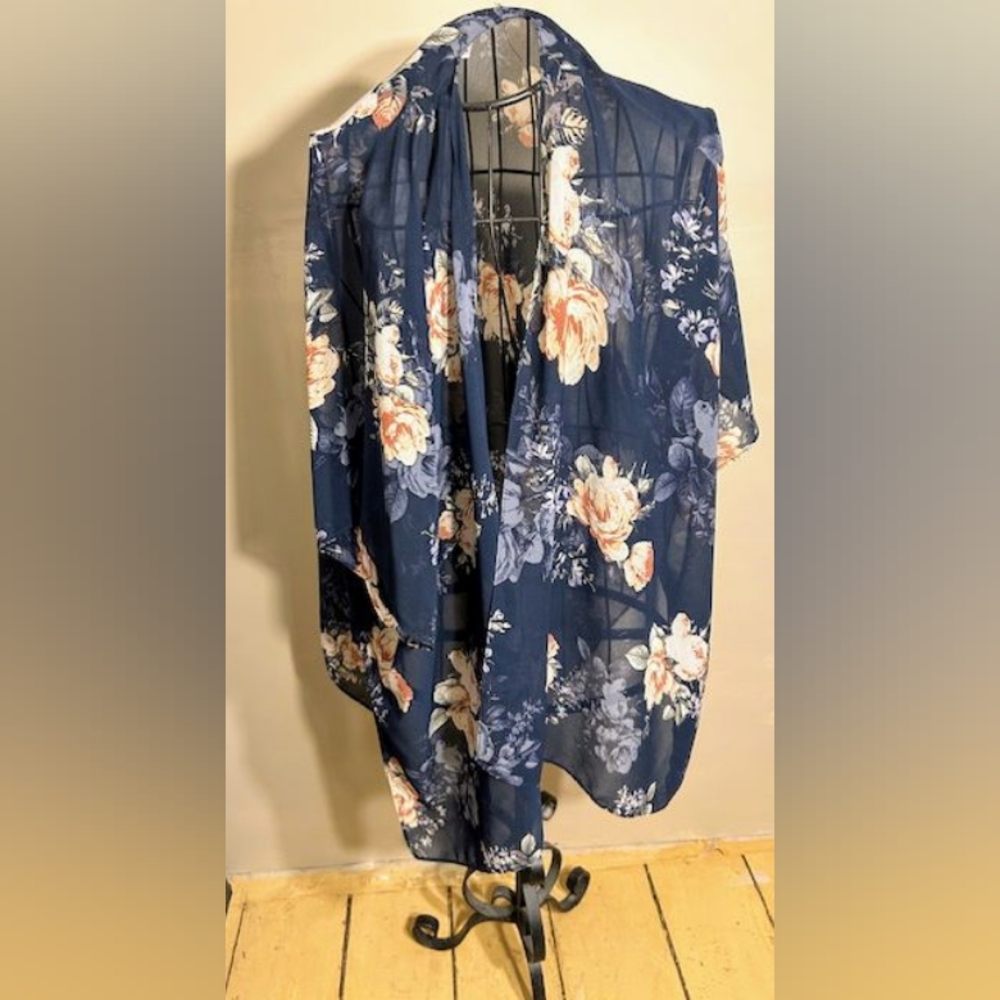 🍋‍🟩 one size womens blue pink sheer floral sheer coverup cover up coat